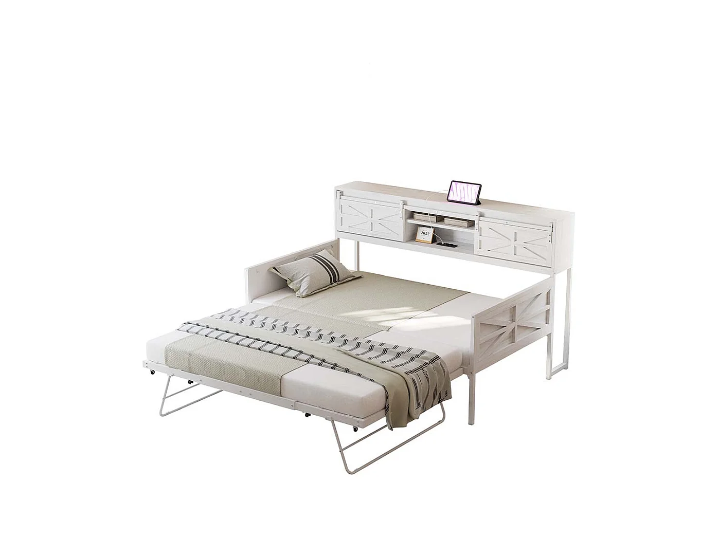 Lit gigogne 90 x 200 cm, avec compartiments de rangement et prise multifonction,blanc