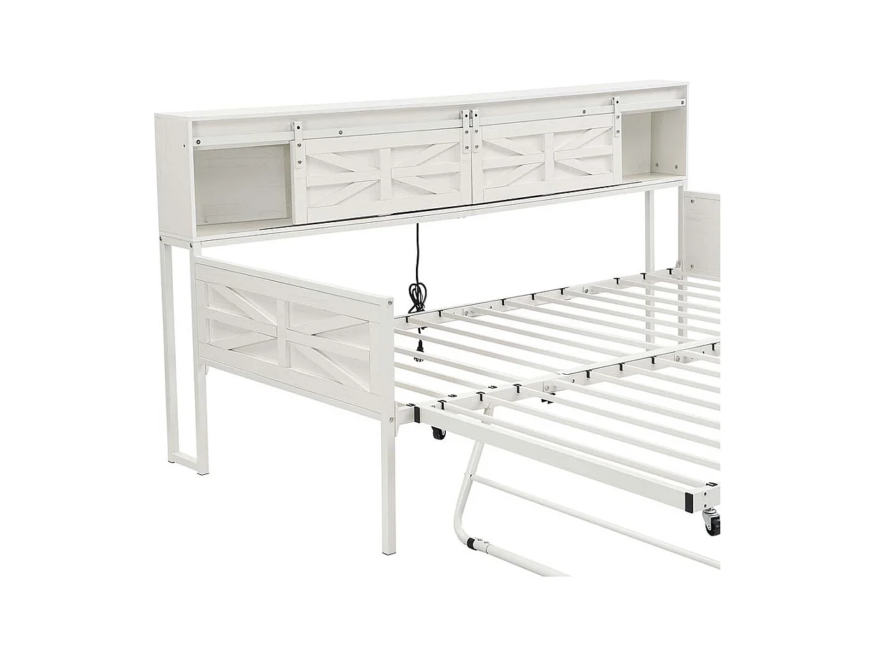 Lit gigogne 90 x 200 cm, avec compartiments de rangement et prise multifonction,blanc