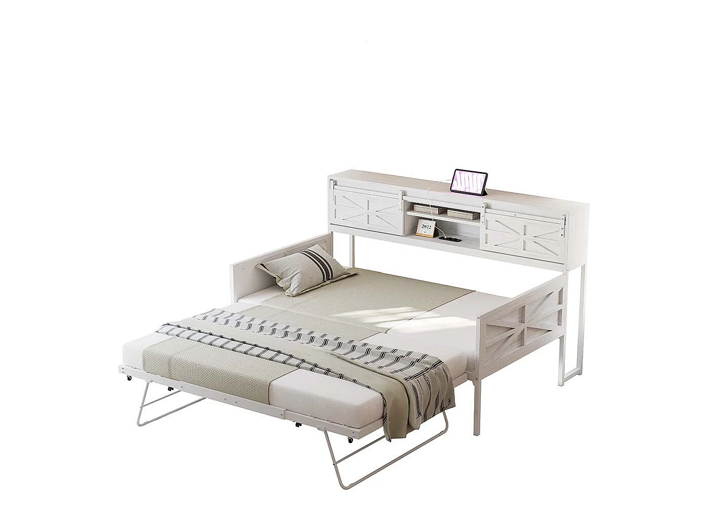 Lit gigogne 90 x 200 cm, avec compartiments de rangement et prise multifonction,blanc