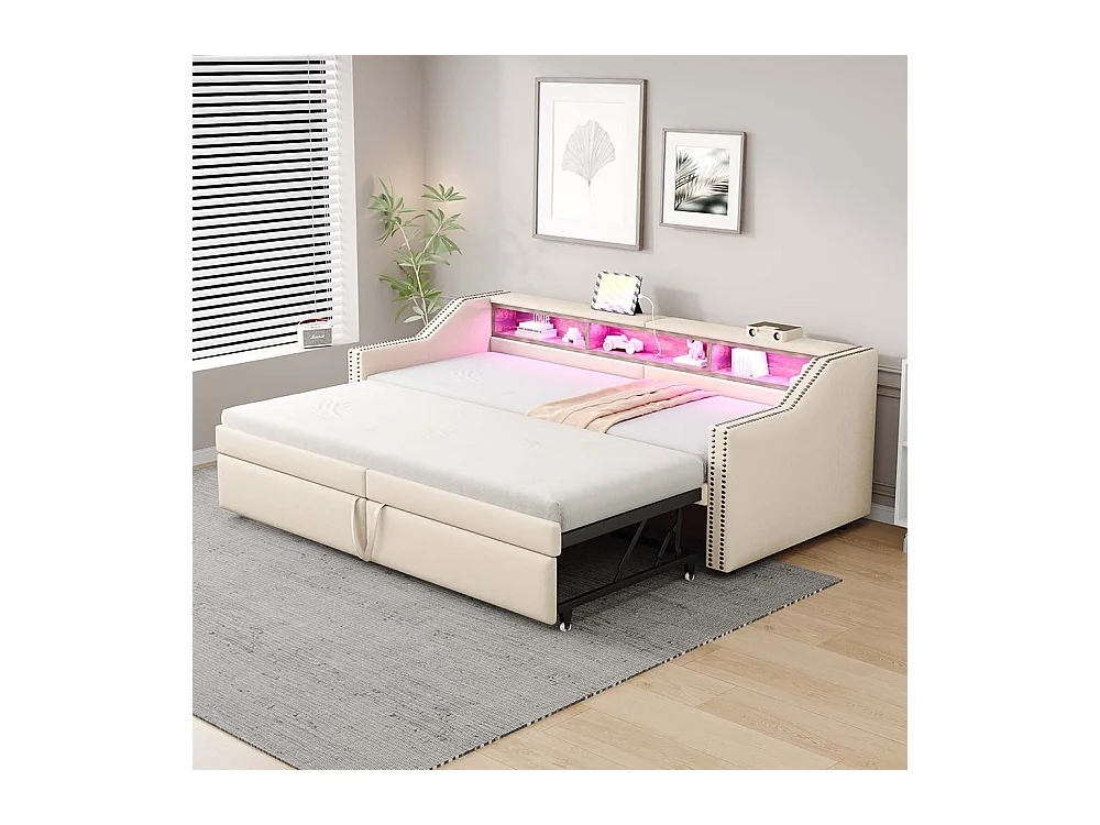 Ausziehbares Ausziehbett 90/180 x 200 cm, Staufach, LED-Beleuchtung und USB-Anschluss, beige