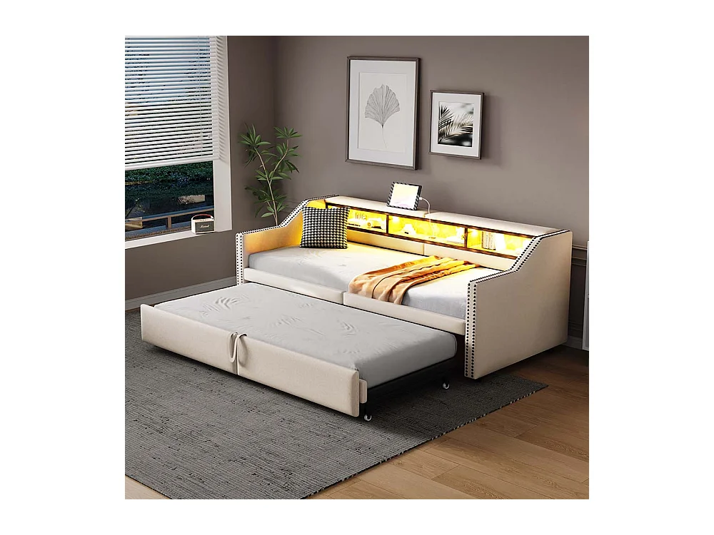Ausziehbares Ausziehbett 90/180 x 200 cm, Staufach, LED-Beleuchtung und USB-Anschluss, beige
