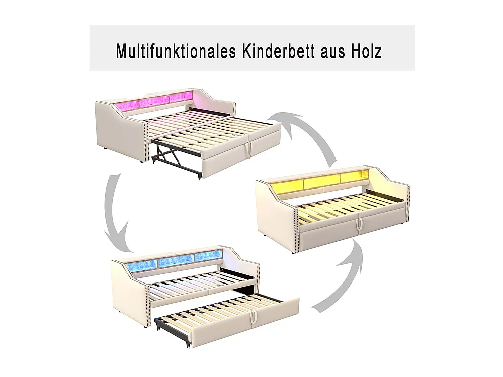 Ausziehbares Ausziehbett 90/180 x 200 cm, Staufach, LED-Beleuchtung und USB-Anschluss, beige