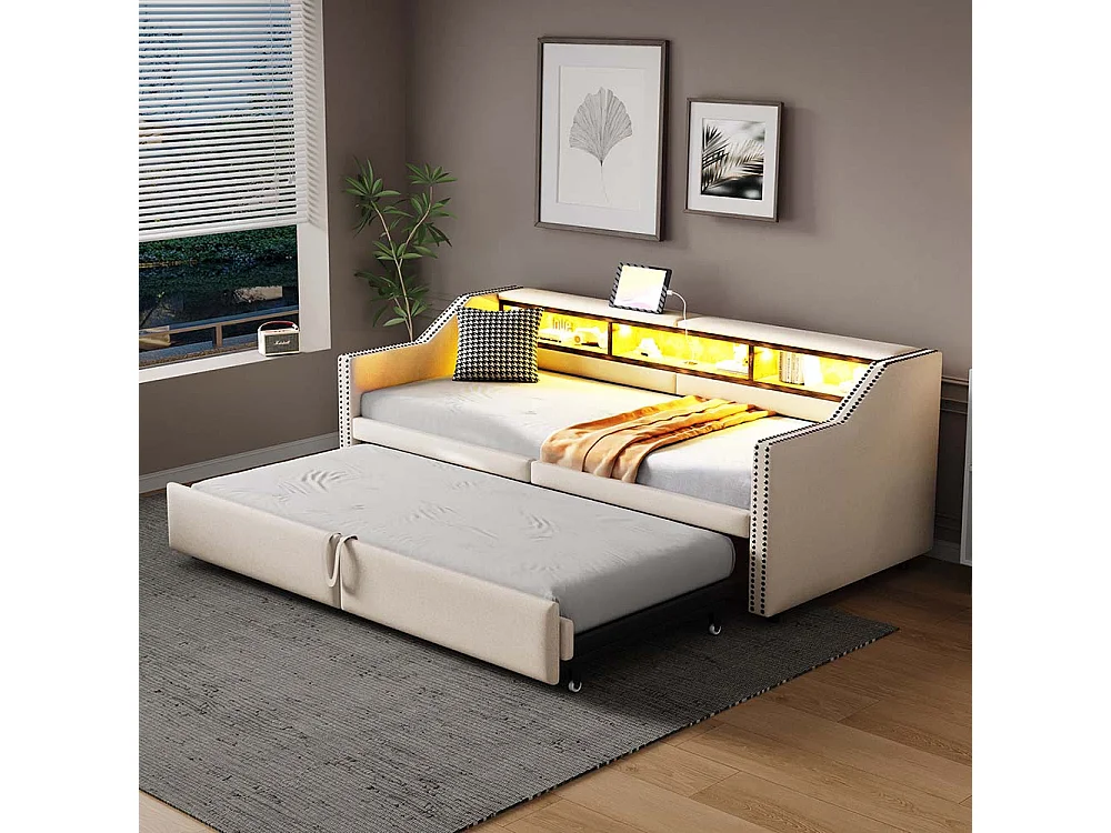 Lit gigogne extensible 90/180 x 200 cm, compartiment de rangement, éclairage LED et prise USB, beige