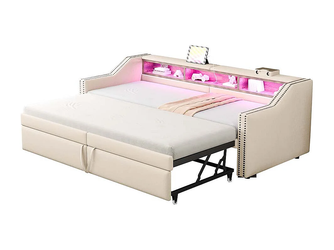 Lit gigogne extensible 90/180 x 200 cm, compartiment de rangement, éclairage LED et prise USB, beige