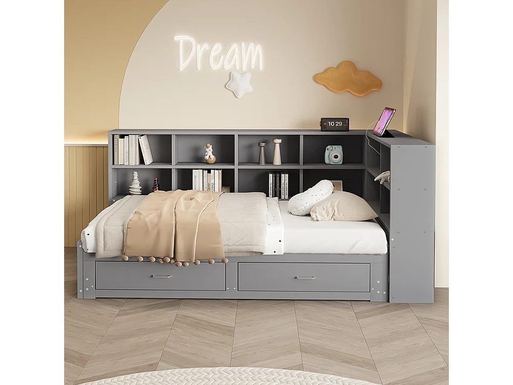 Lit gigogne 90/180 x 190 cm, avec compartiment de rangement, prise européenne, tiroir, gris