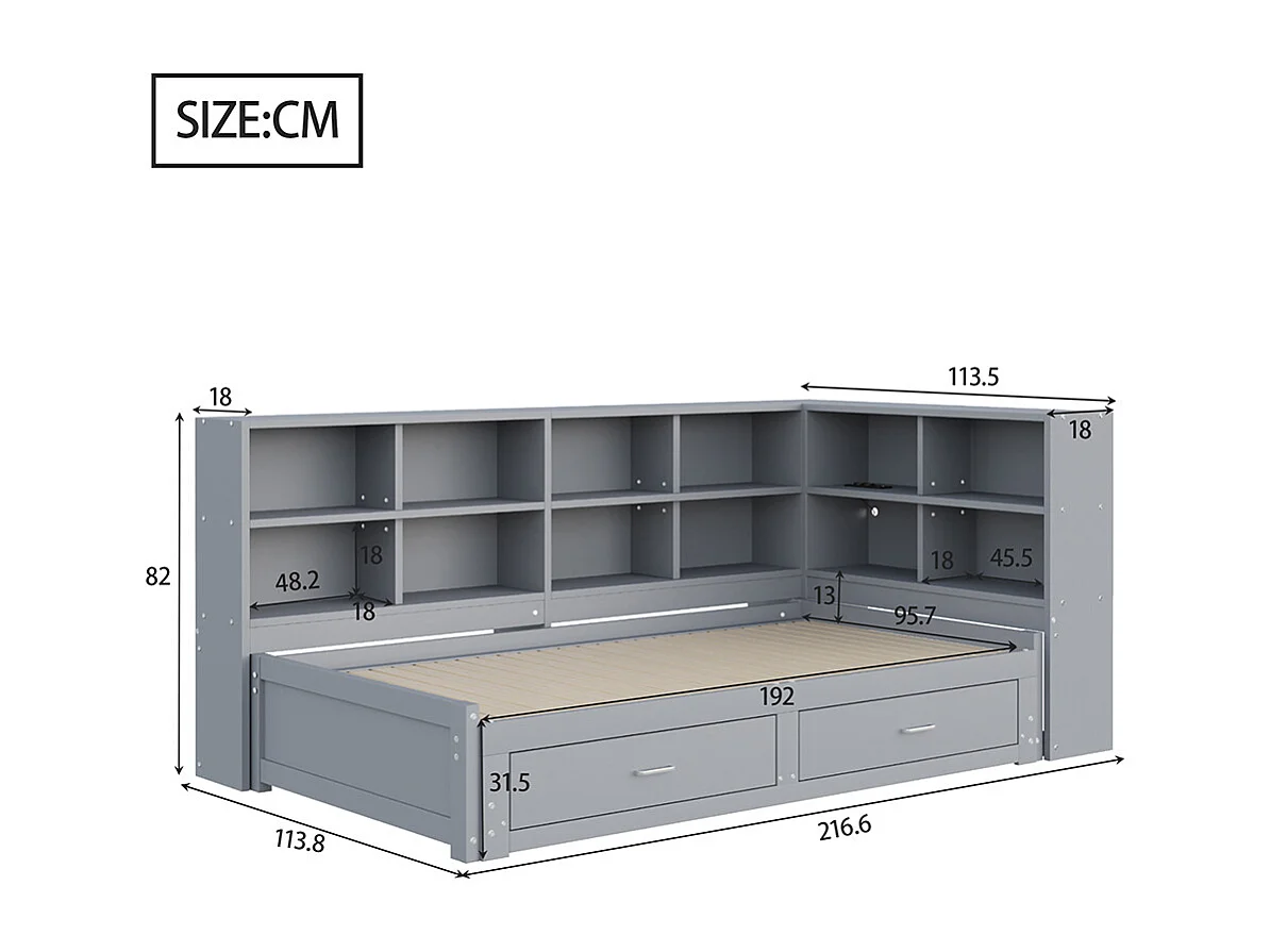 Lit gigogne 90/180 x 190 cm, avec compartiment de rangement, prise européenne, tiroir, gris