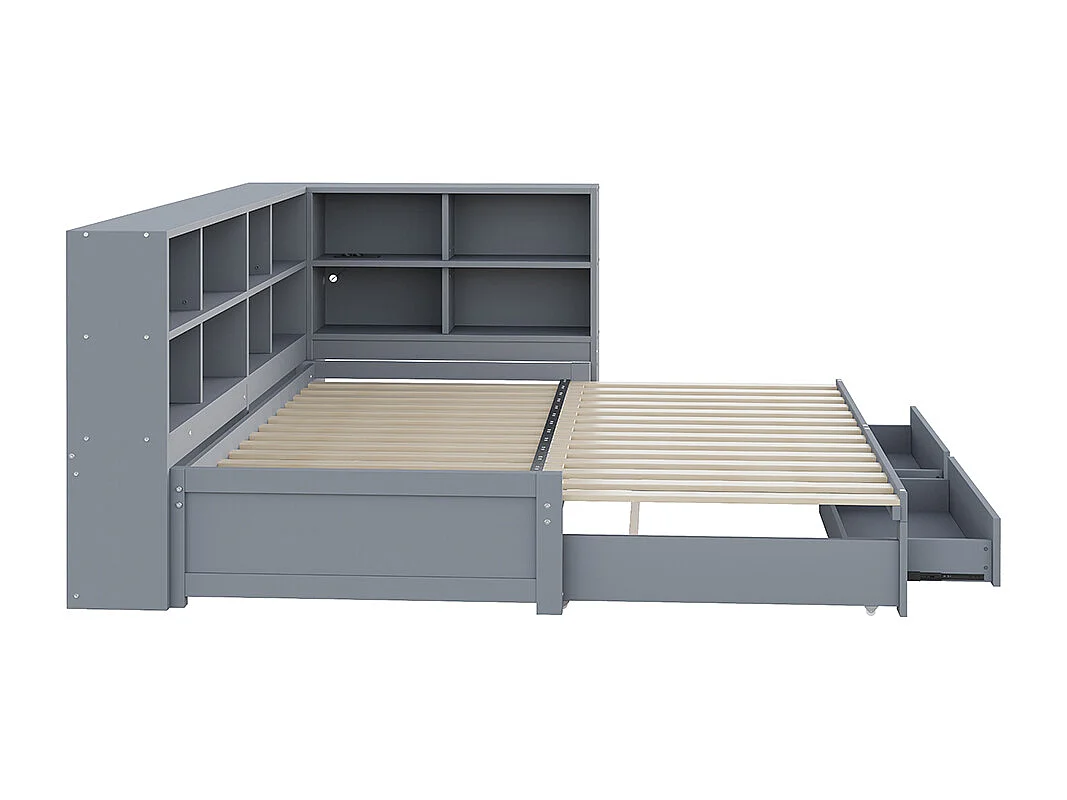 Lit gigogne 90/180 x 190 cm, avec compartiment de rangement, prise européenne, tiroir, gris