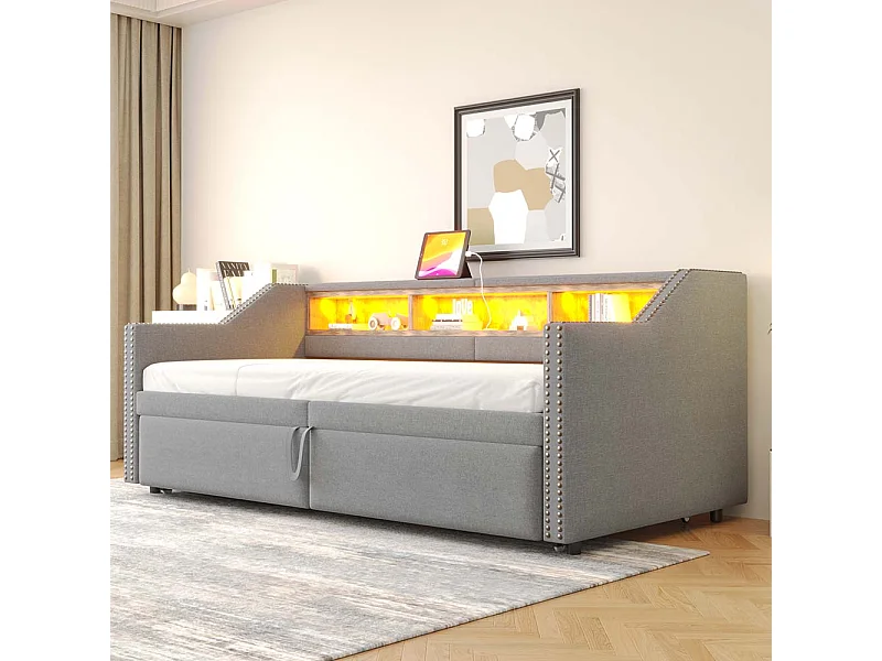 Lit gigogne extensible 90/180 x 200 cm, compartiment de rangement, éclairage LED et prise USB,Gris clair