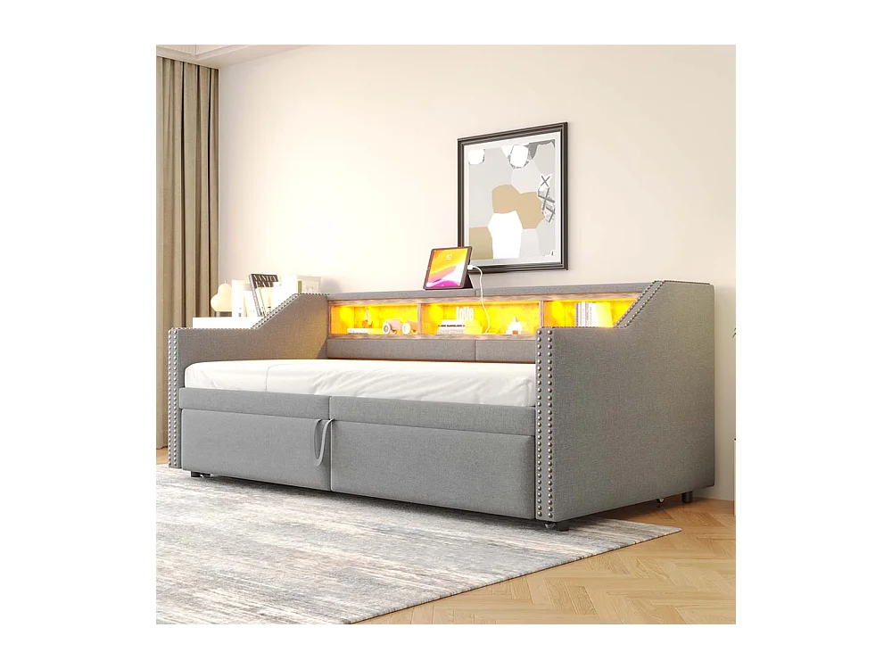 Lit gigogne extensible 90/180 x 200 cm, compartiment de rangement, éclairage LED et prise USB,Gris clair