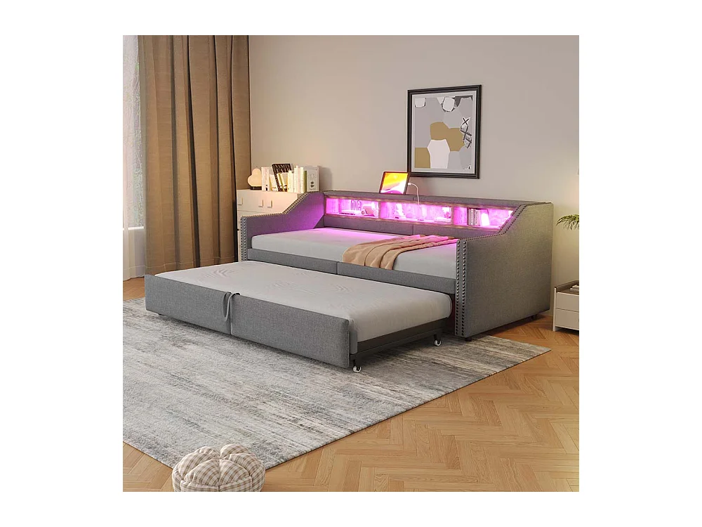 Lit gigogne extensible 90/180 x 200 cm, compartiment de rangement, éclairage LED et prise USB,Gris clair