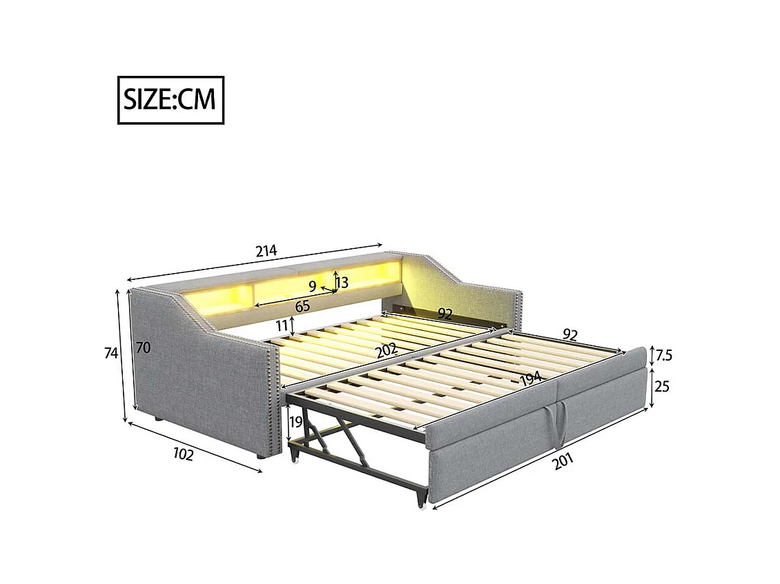 Lit gigogne extensible 90/180 x 200 cm, compartiment de rangement, éclairage LED et prise USB,Gris clair