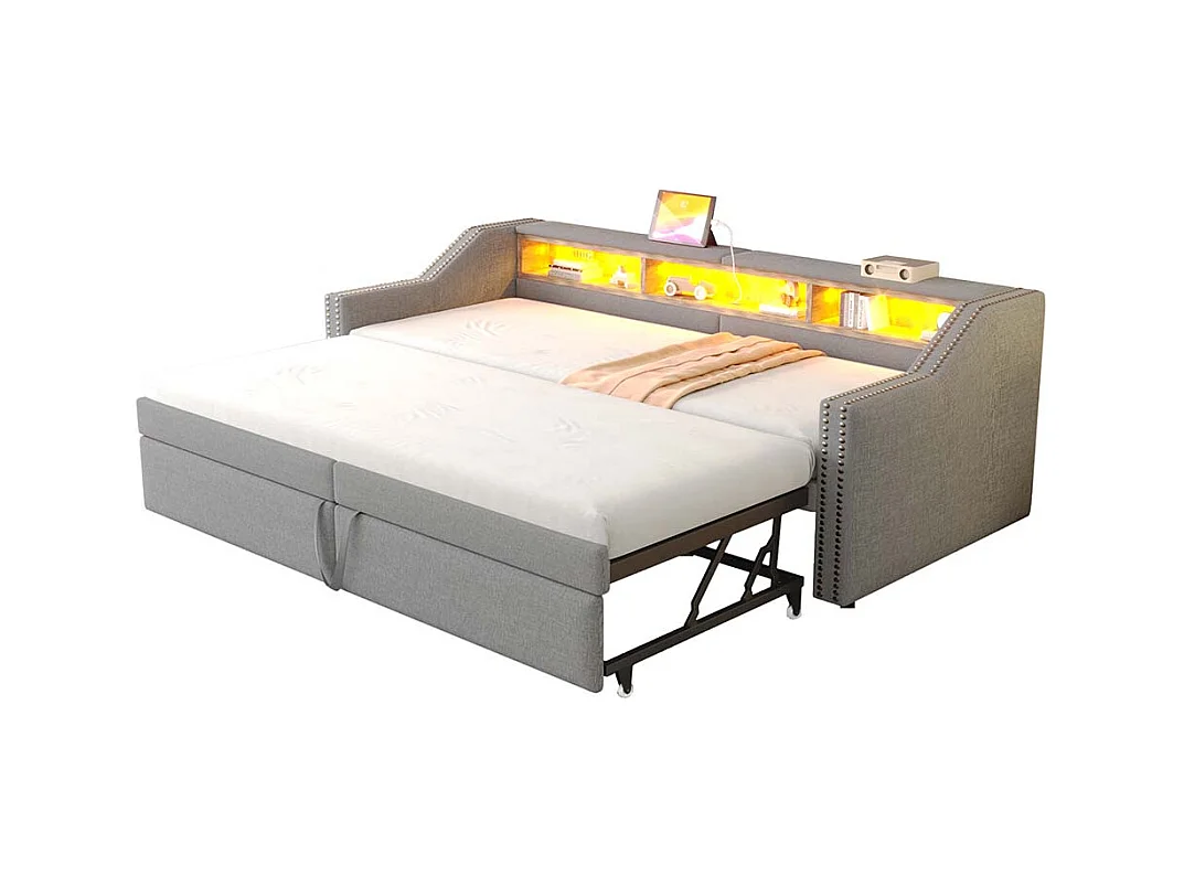 Lit gigogne extensible 90/180 x 200 cm, compartiment de rangement, éclairage LED et prise USB,Gris clair