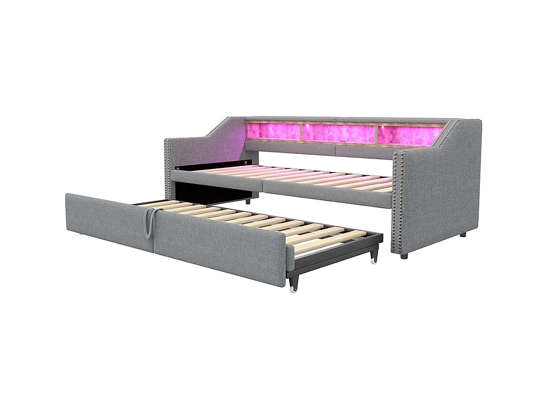 Lit gigogne extensible 90/180 x 200 cm, compartiment de rangement, éclairage LED et prise USB,Gris clair