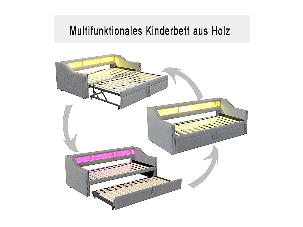 Lit gigogne extensible 90/180 x 200 cm, compartiment de rangement, éclairage LED et prise USB,Gris clair