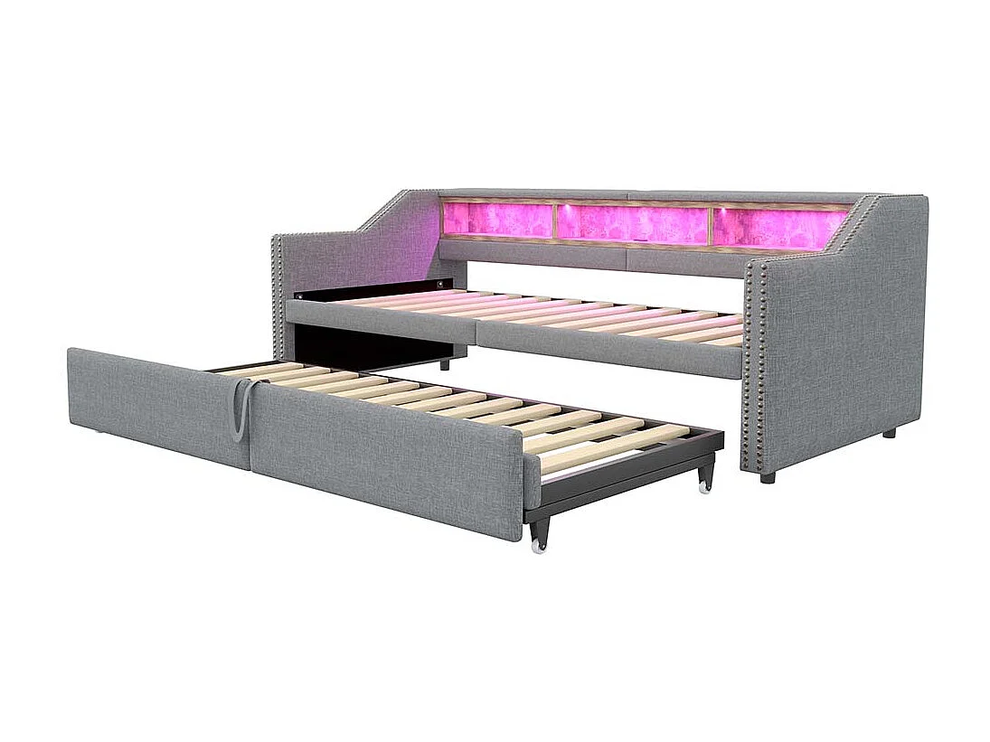Lit gigogne extensible 90/180 x 200 cm, compartiment de rangement, éclairage LED et prise USB,Gris clair