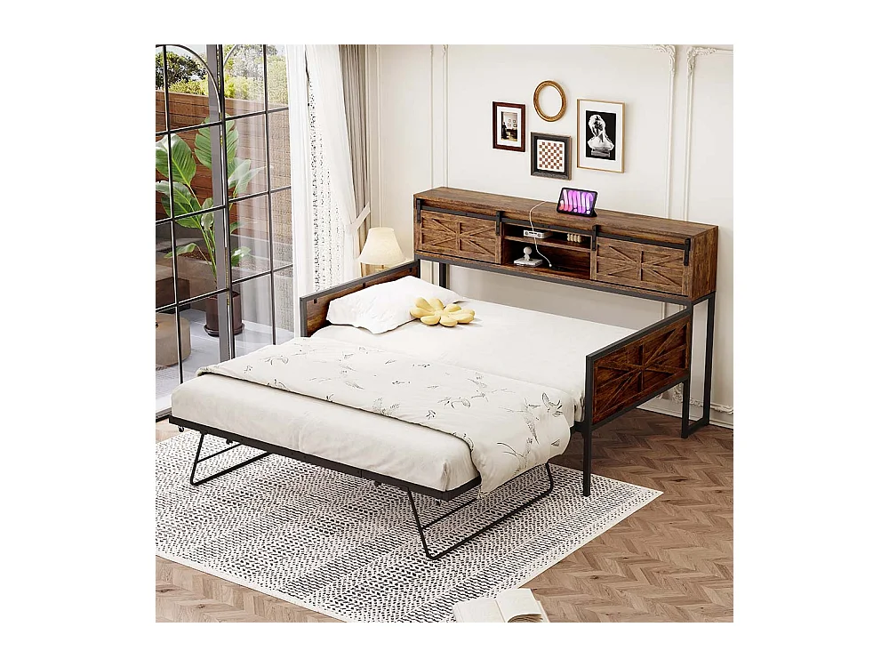 Lit gigogne 90 x 200 cm, avec compartiments de rangement et prise multifonction, noir + marron