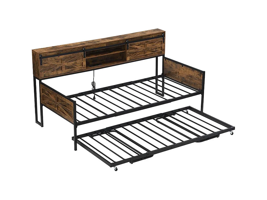 Lit gigogne 90 x 200 cm, avec compartiments de rangement et prise multifonction, noir + marron