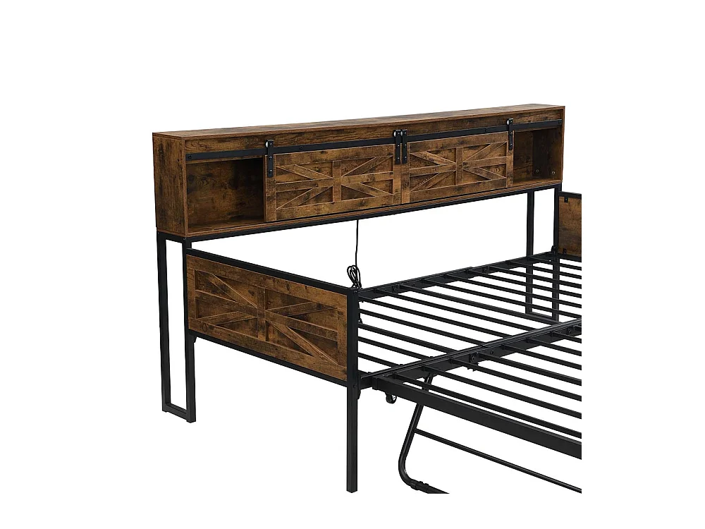 Lit gigogne 90 x 200 cm, avec compartiments de rangement et prise multifonction, noir + marron