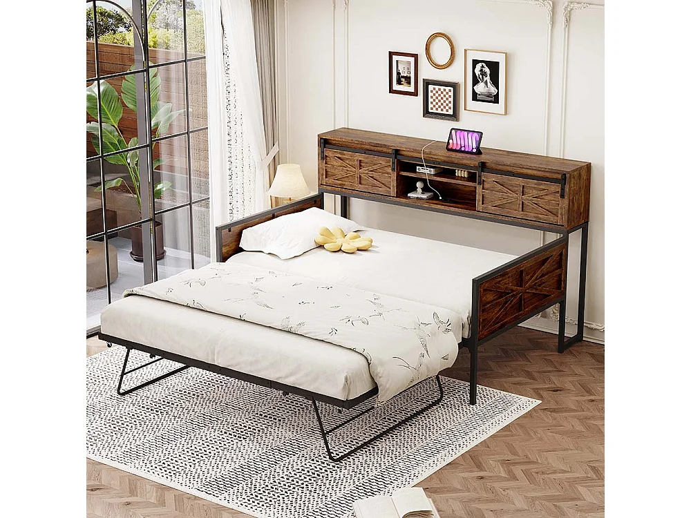 Lit gigogne 90 x 200 cm, avec compartiments de rangement et prise multifonction, noir + marron