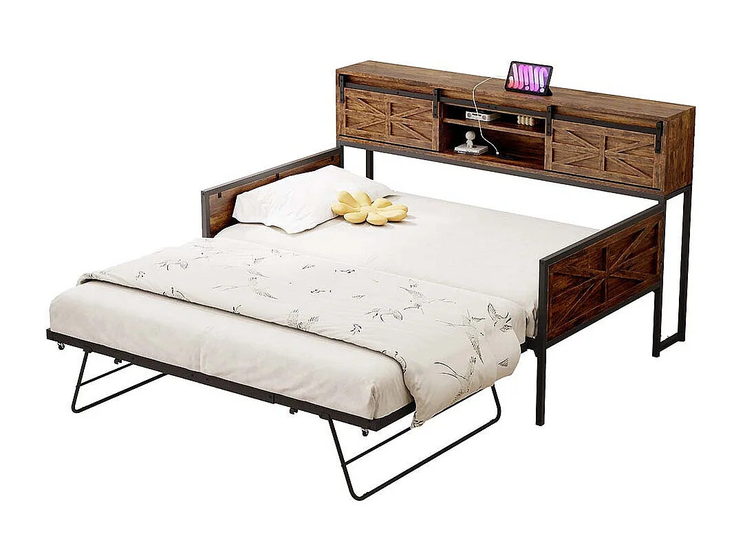 Lit gigogne 90 x 200 cm, avec compartiments de rangement et prise multifonction, noir + marron