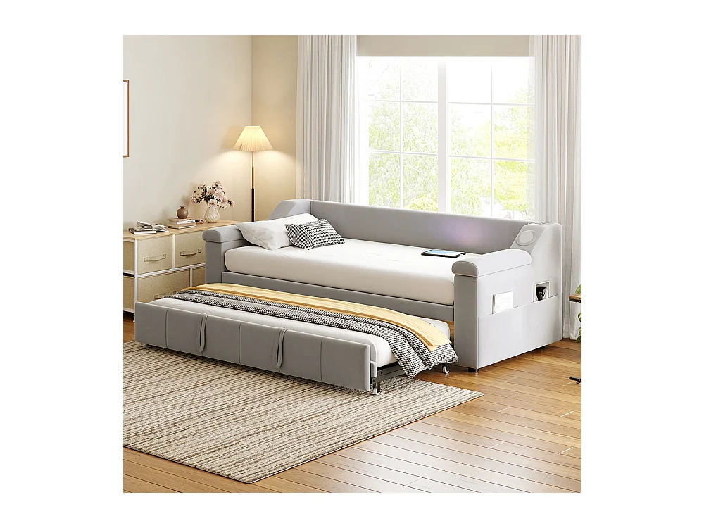 Lit gigogne, 90/180*190 cm, avec système stéréo Bluetooth Smart et port de charge USB, tissu velours, gris clair