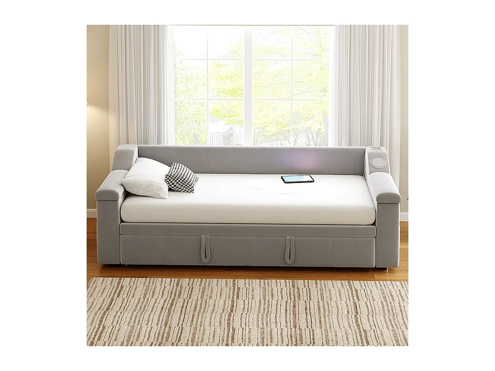 Lit gigogne, 90/180*190 cm, avec système stéréo Bluetooth Smart et port de charge USB, tissu velours, gris clair