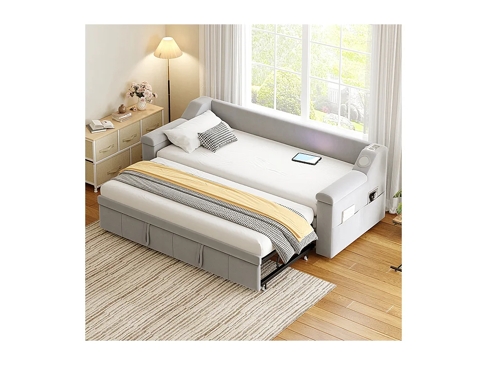 Lit gigogne, 90/180*190 cm, avec système stéréo Bluetooth Smart et port de charge USB, tissu velours, gris clair