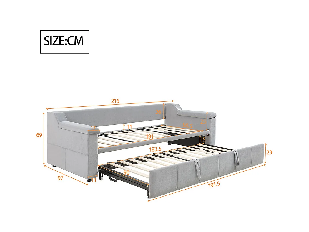 Lit gigogne, 90/180*190 cm, avec système stéréo Bluetooth Smart et port de charge USB, tissu velours, gris clair