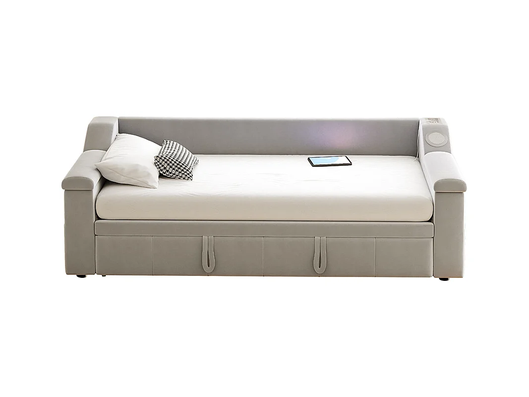 Lit gigogne, 90/180*190 cm, avec système stéréo Bluetooth Smart et port de charge USB, tissu velours, gris clair