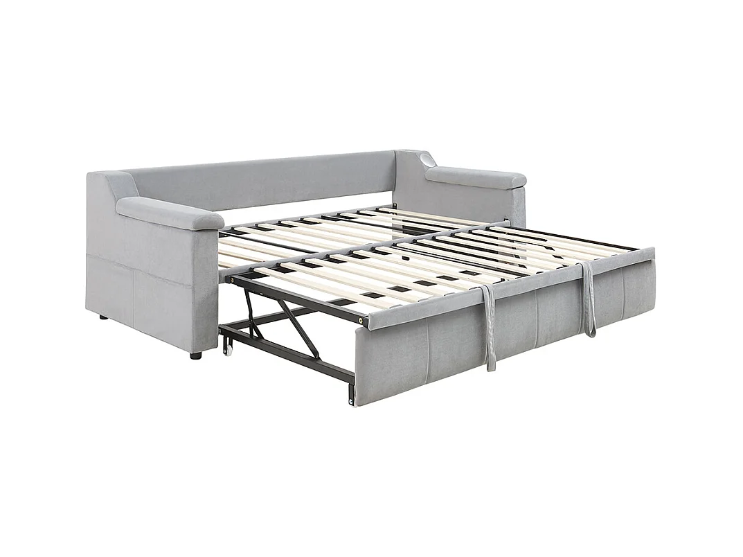 Lit gigogne, 90/180*190 cm, avec système stéréo Bluetooth Smart et port de charge USB, tissu velours, gris clair