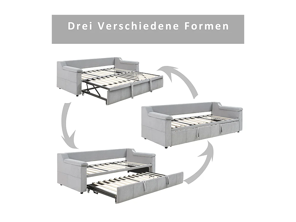 Lit gigogne, 90/180*190 cm, avec système stéréo Bluetooth Smart et port de charge USB, tissu velours, gris clair