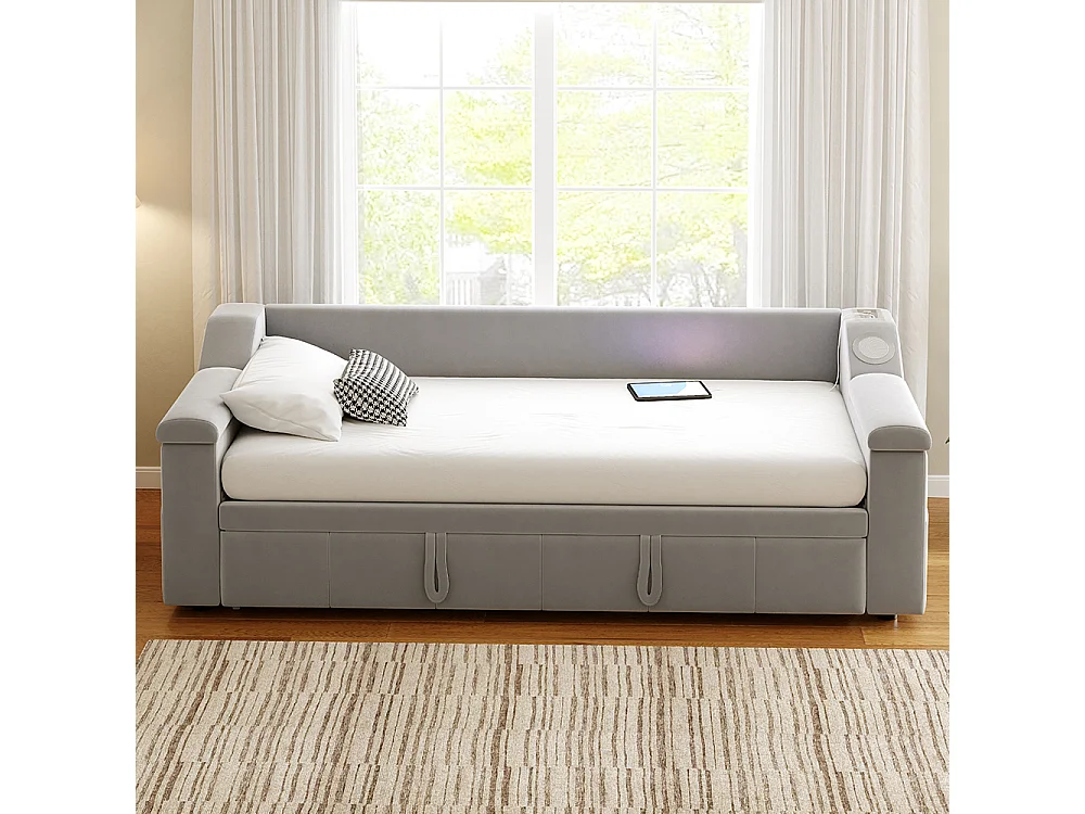 Lit gigogne, 90/180*190 cm, avec système stéréo Bluetooth Smart et port de charge USB, tissu velours, gris clair