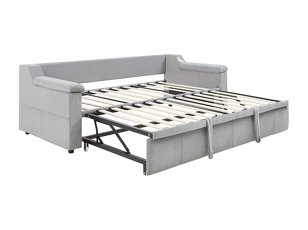 Lit gigogne, 90/180*190 cm, avec système stéréo Bluetooth Smart et port de charge USB, tissu velours, gris clair