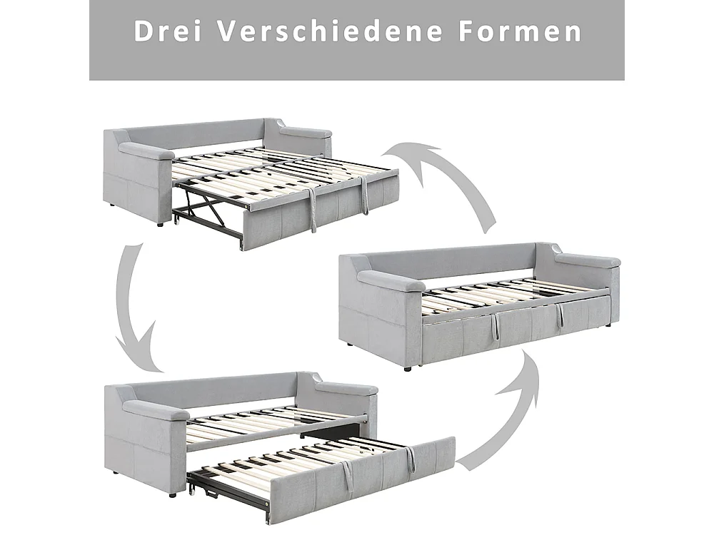 Lit gigogne, 90/180*190 cm, avec système stéréo Bluetooth Smart et port de charge USB, tissu velours, gris clair