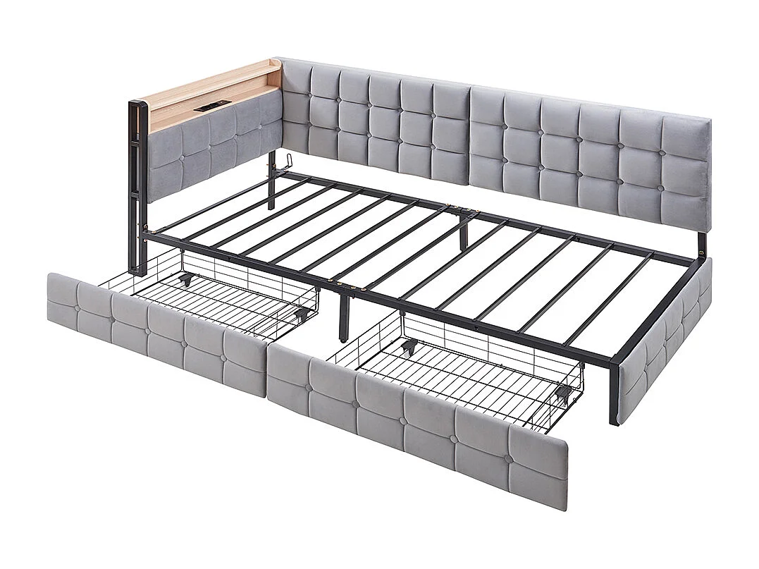 90 x 200 Kinder-Schlafsofa mit 2 Schubladen und LED-Nachttischlampe, USB- und C-Typ-Anschlüssen, grau