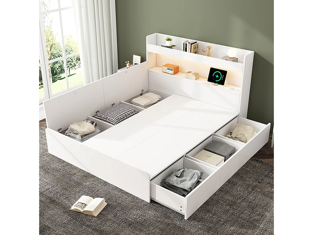 Lit double pour enfants 140 x 200 cm, lit en bois massif, avec port USB et prise électrique, éclairage LED, blanc