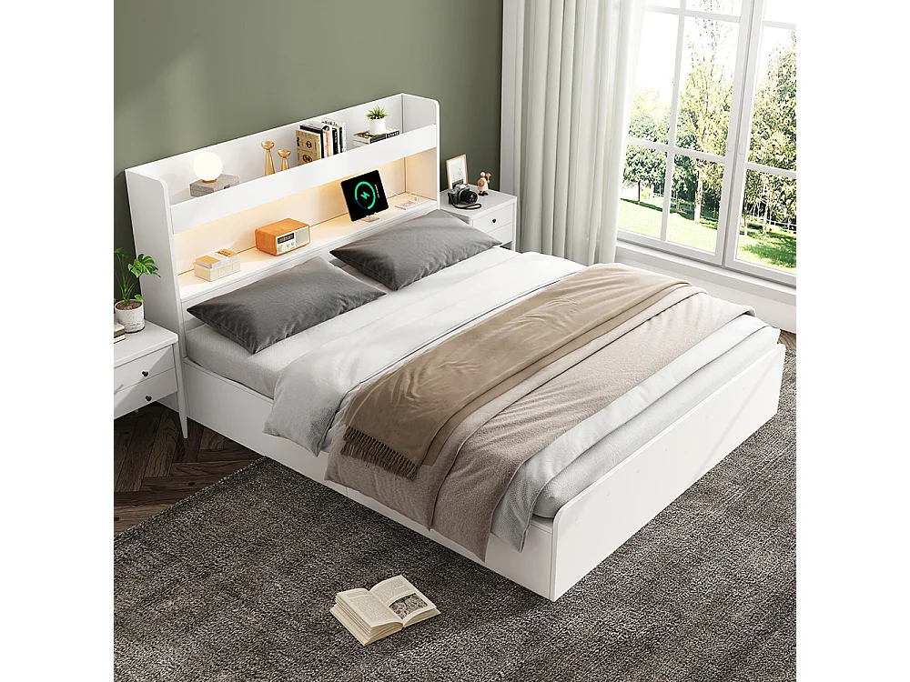 Lit double pour enfants 140 x 200 cm, lit en bois massif, avec port USB et prise électrique, éclairage LED, blanc