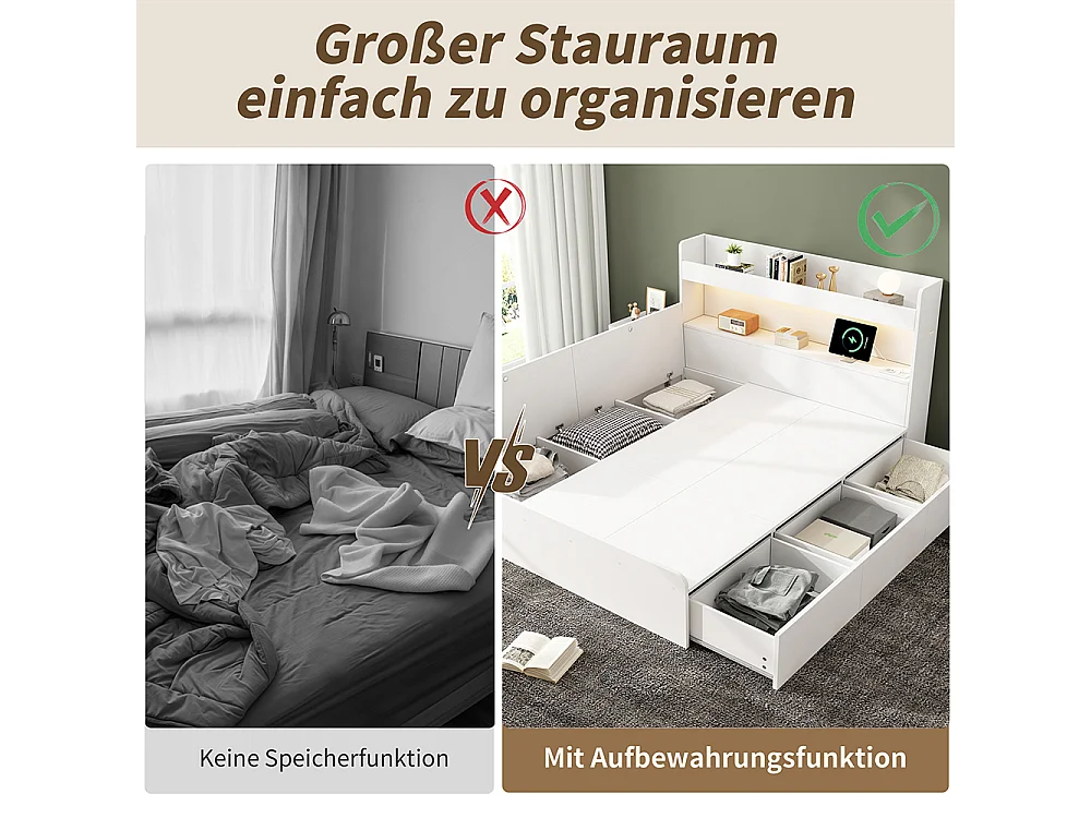 Lit double pour enfants 140 x 200 cm, lit en bois massif, avec port USB et prise électrique, éclairage LED, blanc
