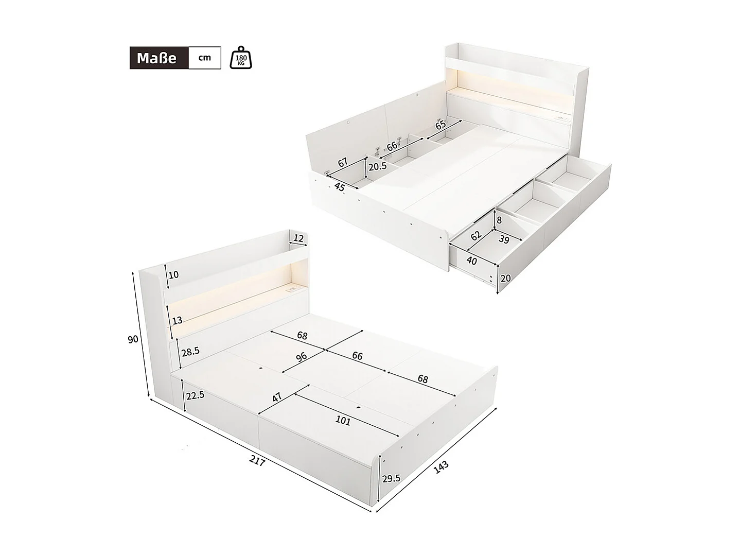 Lit double pour enfants 140 x 200 cm, lit en bois massif, avec port USB et prise électrique, éclairage LED, blanc
