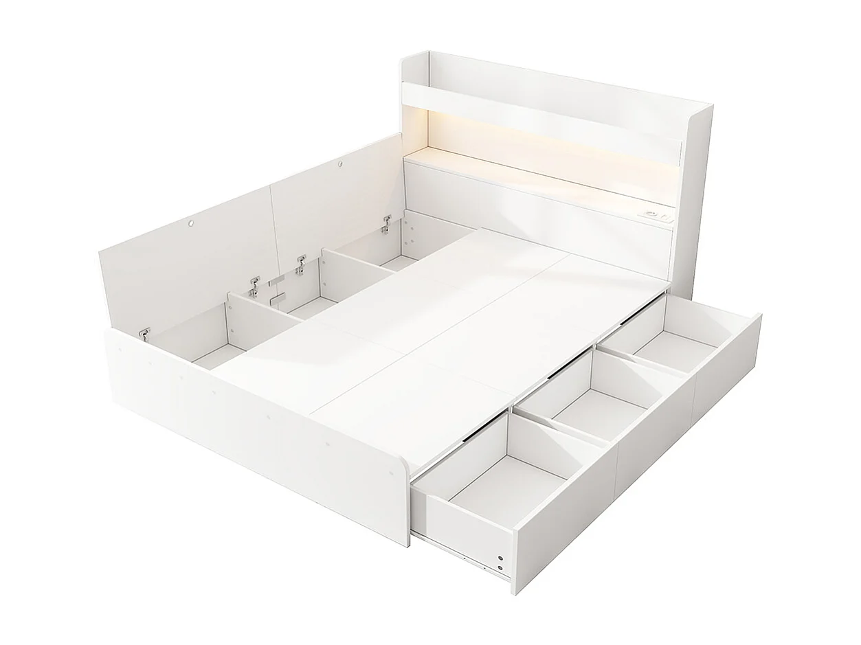 Lit double pour enfants 140 x 200 cm, lit en bois massif, avec port USB et prise électrique, éclairage LED, blanc