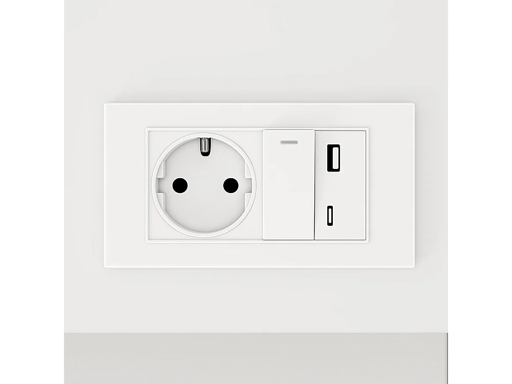 Lit double pour enfants 140 x 200 cm, lit en bois massif, avec port USB et prise électrique, éclairage LED, blanc