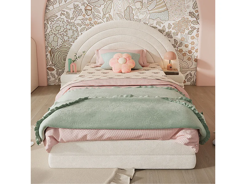 Cama infantil 90 x 200 cm, cabeceira em forma de arco-íris, com mesas de cabeceira dos dois lados, imitação de pelúcia, bege.