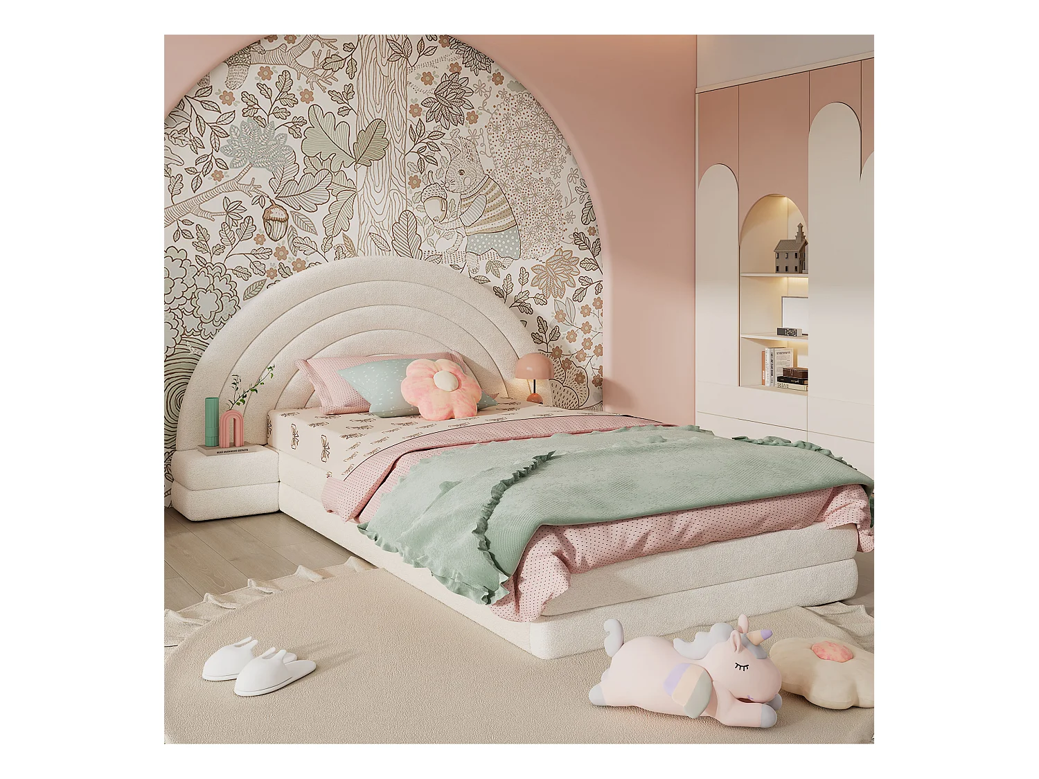 Cama infantil 90 x 200 cm, cabeceira em forma de arco-íris, com mesas de cabeceira dos dois lados, imitação de pelúcia, bege.