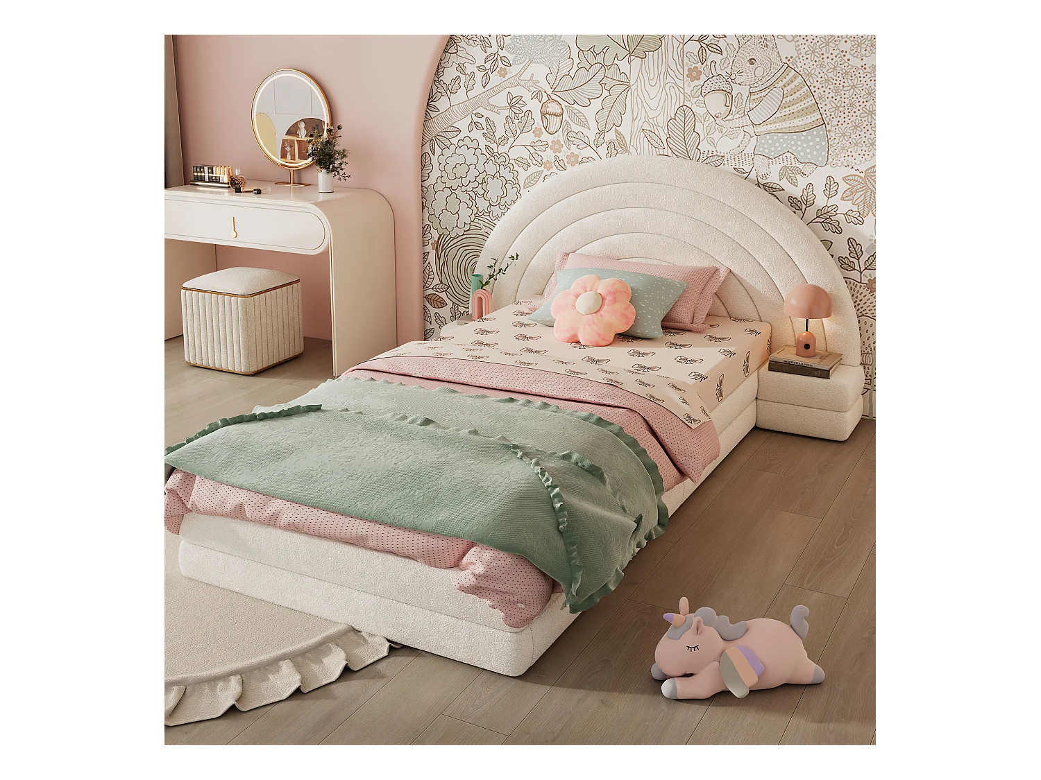 Cama infantil 90 x 200 cm, cabeceira em forma de arco-íris, com mesas de cabeceira dos dois lados, imitação de pelúcia, bege.