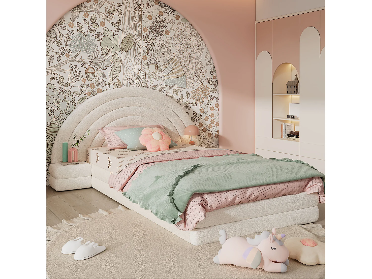 Cama infantil 90 x 200 cm, cabeceira em forma de arco-íris, com mesas de cabeceira dos dois lados, imitação de pelúcia, bege.