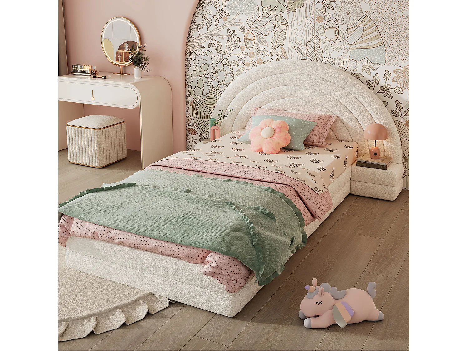 Cama infantil 90 x 200 cm, cabeceira em forma de arco-íris, com mesas de cabeceira dos dois lados, imitação de pelúcia, bege.