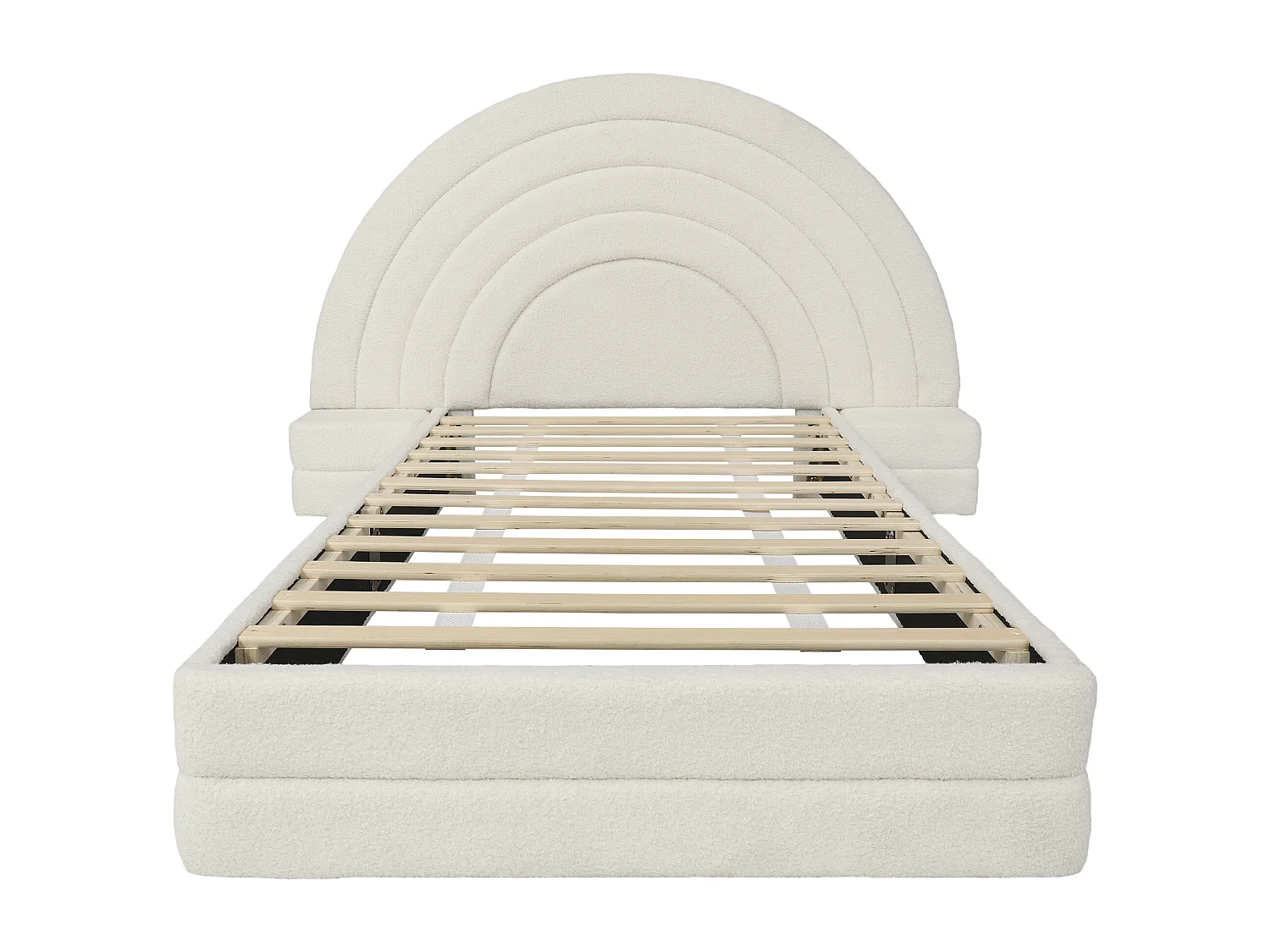 Cama infantil 90 x 200 cm, cabeceira em forma de arco-íris, com mesas de cabeceira dos dois lados, imitação de pelúcia, bege.