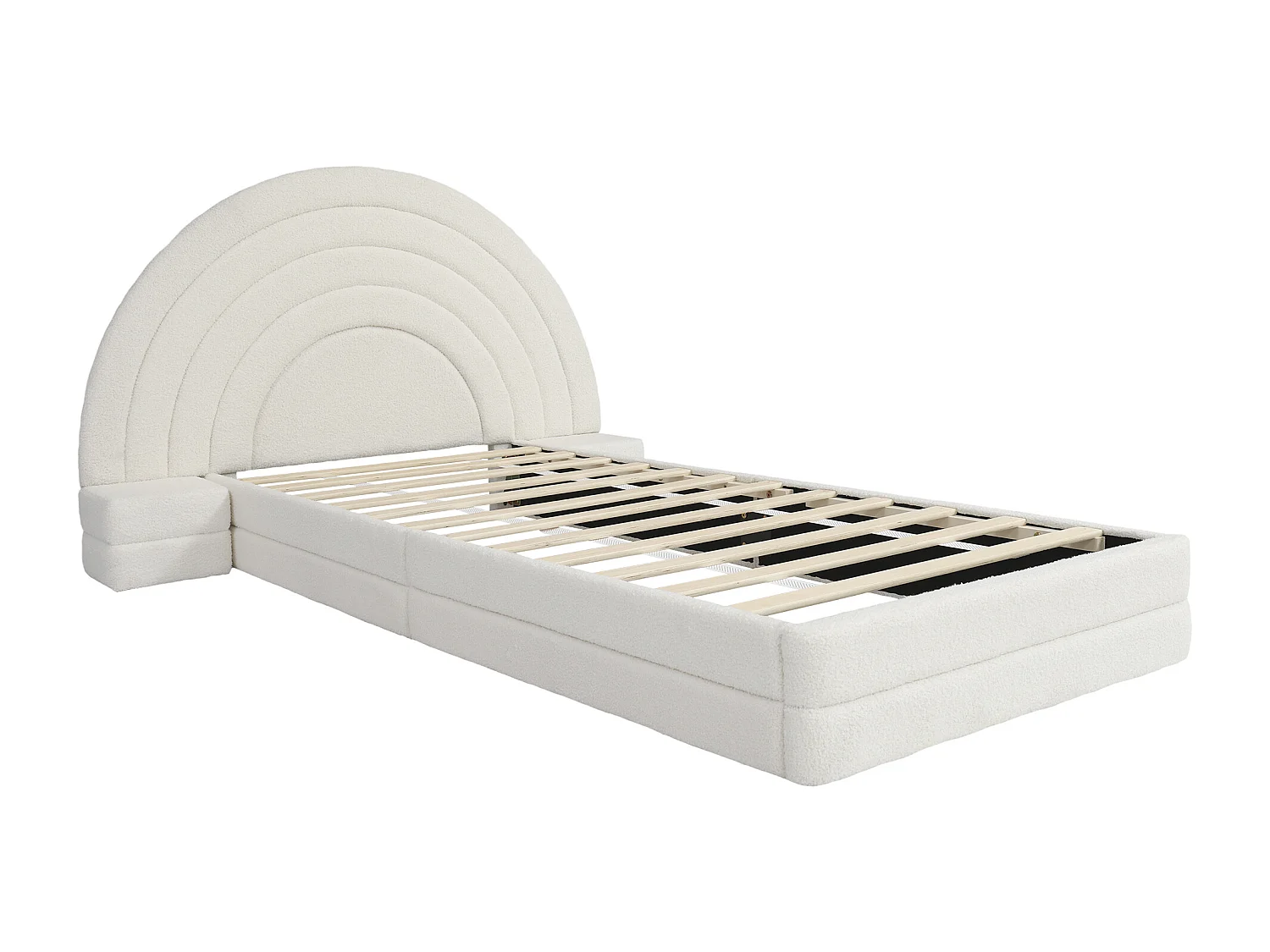 Cama infantil 90 x 200 cm, cabeceira em forma de arco-íris, com mesas de cabeceira dos dois lados, imitação de pelúcia, bege.
