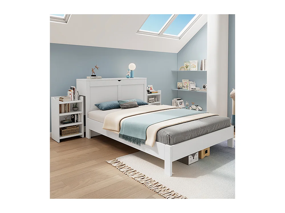 Doppelbett für Kinder 140 x 200 cm, mit Lattenrost und Kopfteil, ausgestattet mit 2 ausziehbaren Nachttischen, weiß