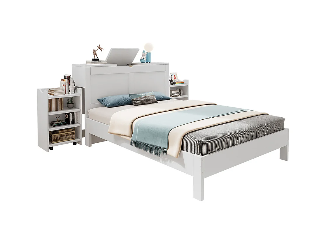 Doppelbett für Kinder 140 x 200 cm, mit Lattenrost und Kopfteil, ausgestattet mit 2 ausziehbaren Nachttischen, weiß